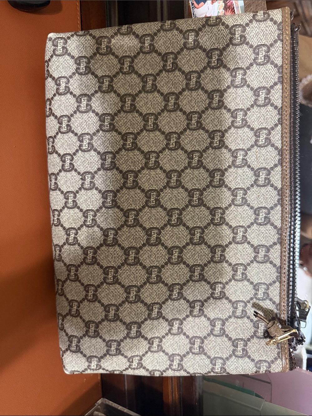 Gucci Beige and Brown Monogram Wristlet Clutch (no wrist band) final sale - Picture 2 of 4